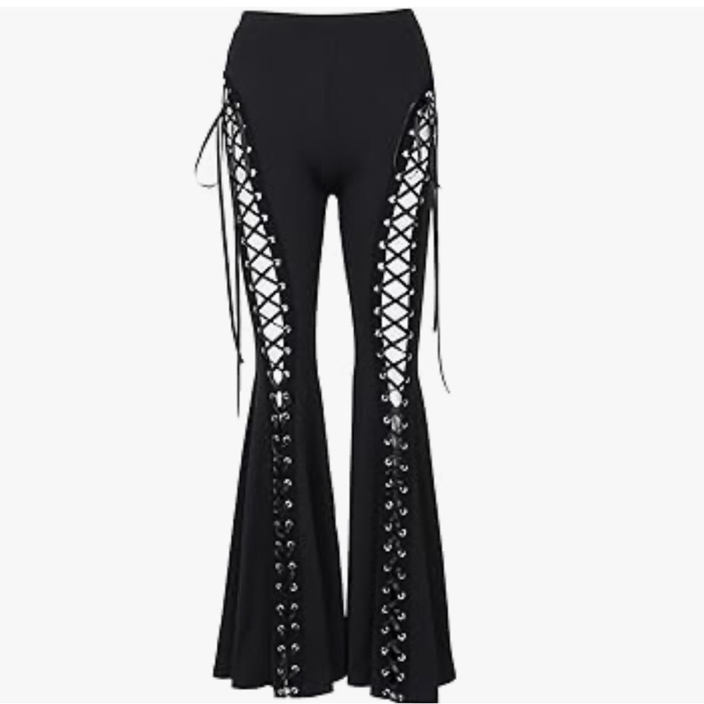 AMAZING Lace up bell bottom flared pants rave goth club dance festival burner - Picture 2 of 3